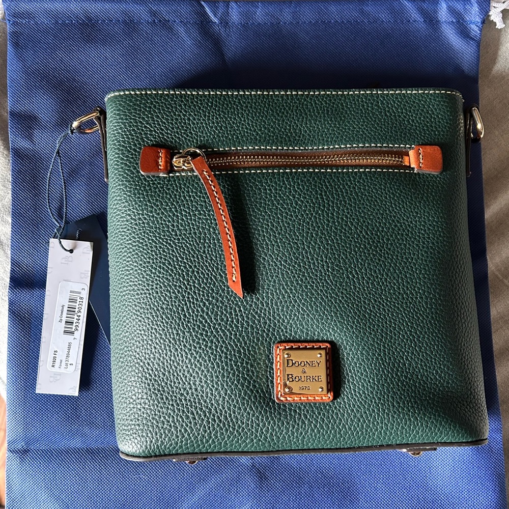 Dooney and Bourke Zip Crossbody Forest Green Tan Pebbled Leather NEW Crossbody
